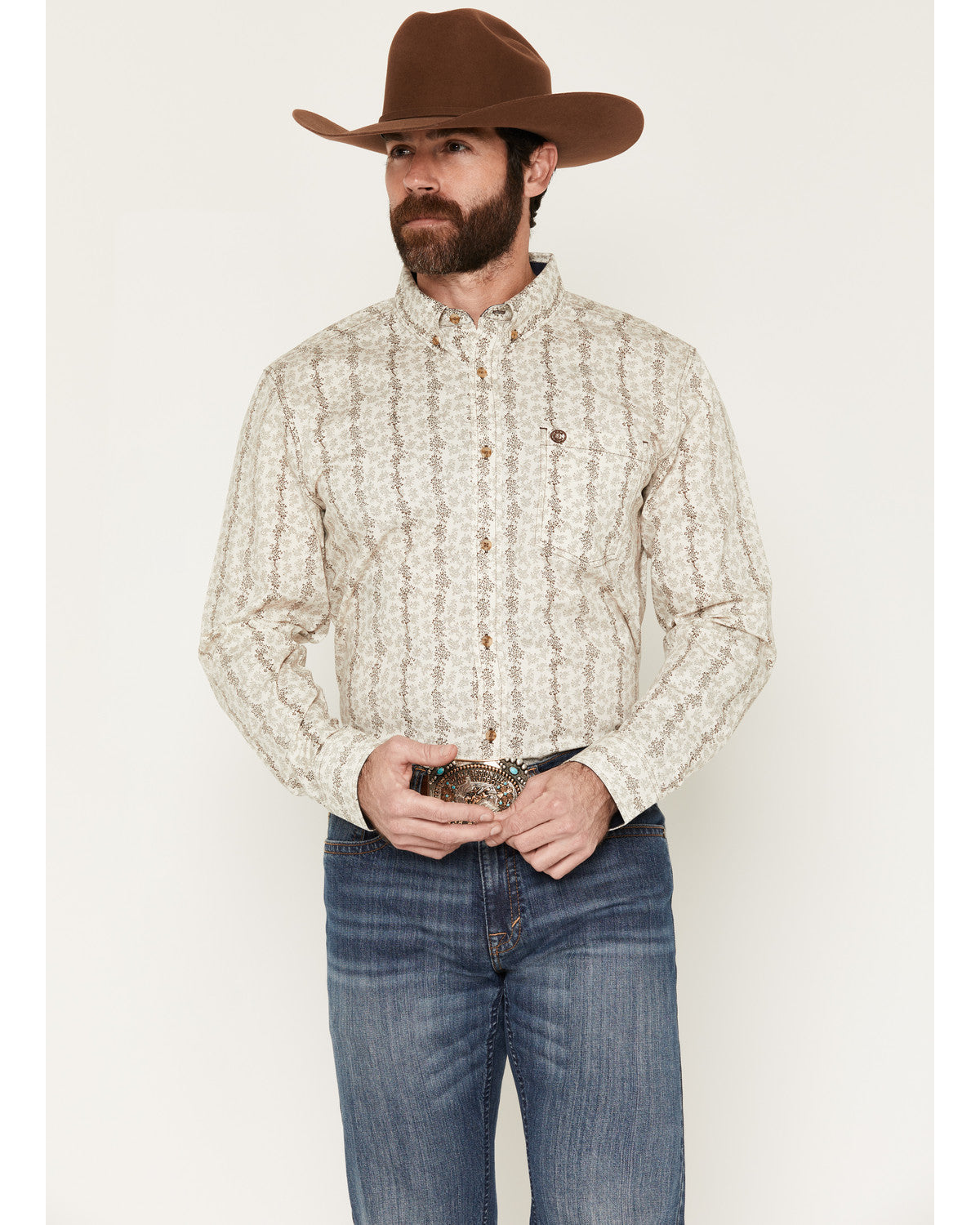 Men's Hickory Floral Stripe Print Long Sleeve Button-Down S Tan