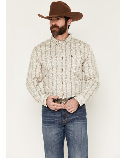 Men's Hickory Floral Stripe Print Long Sleeve Button-Down S Tan