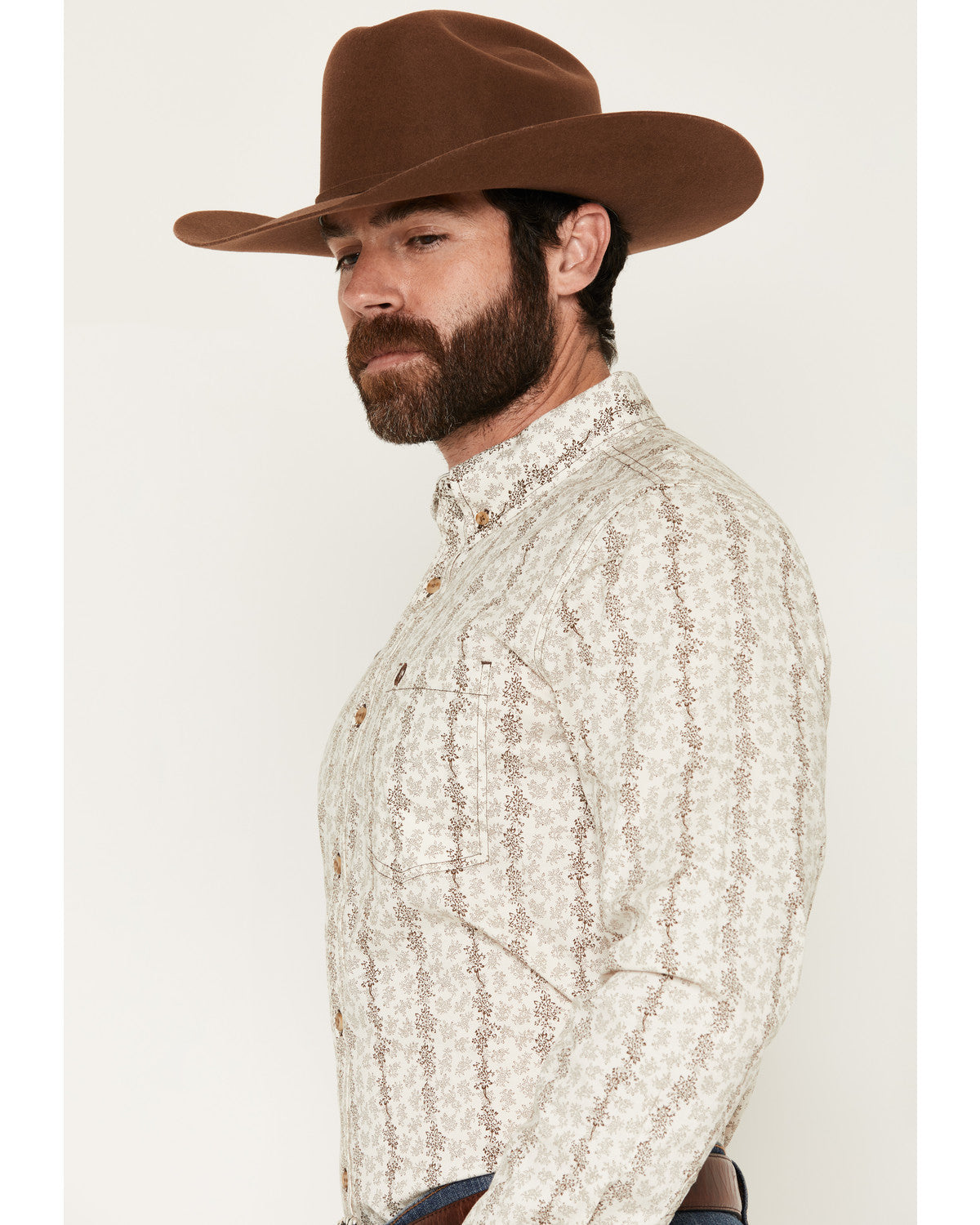 Men's Hickory Floral Stripe Print Long Sleeve Button-Down S Tan