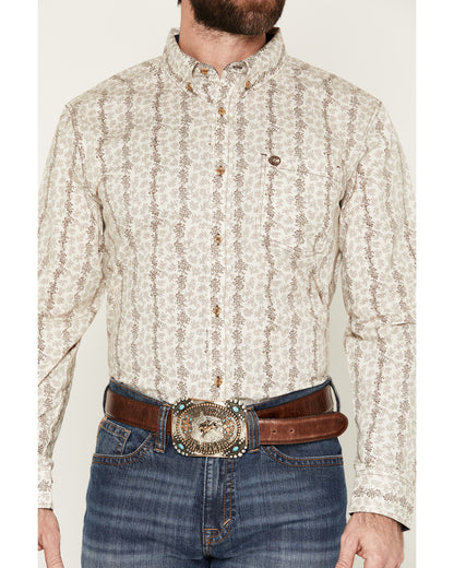 Men's Hickory Floral Stripe Print Long Sleeve Button-Down S Tan