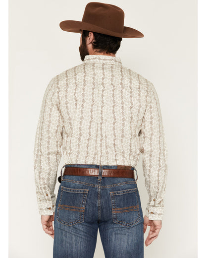 Men's Hickory Floral Stripe Print Long Sleeve Button-Down S Tan