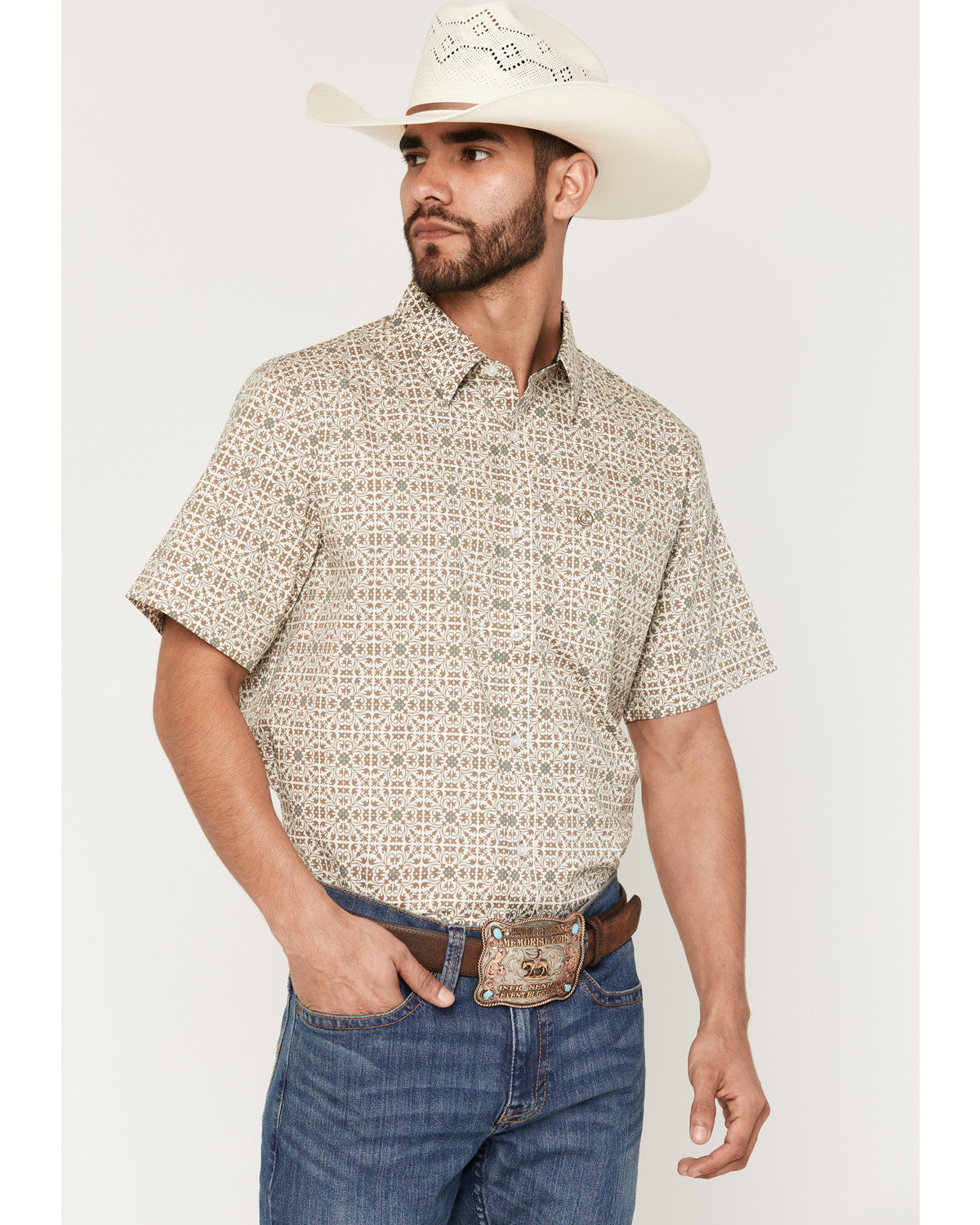 Men's Mind Trap Geo Print Short Sleeve Button-Down Stretch Cream