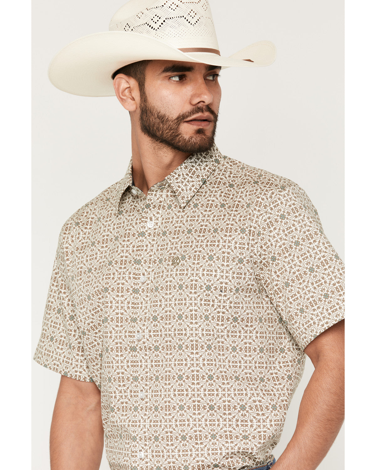 Men's Mind Trap Geo Print Short Sleeve Button-Down Stretch Cream