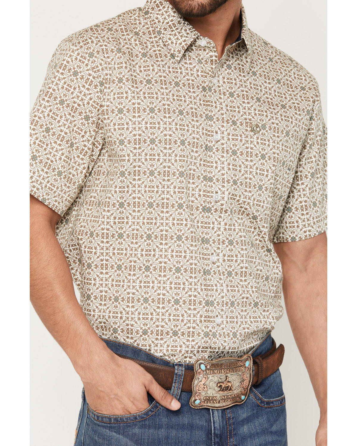 Men's Mind Trap Geo Print Short Sleeve Button-Down Stretch Cream