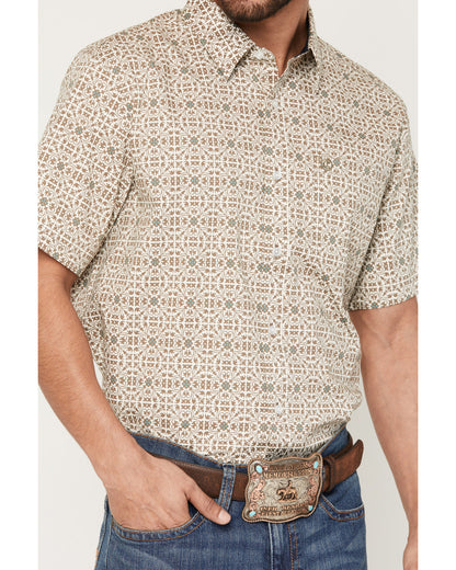 Men's Mind Trap Geo Print Short Sleeve Button-Down Stretch Cream
