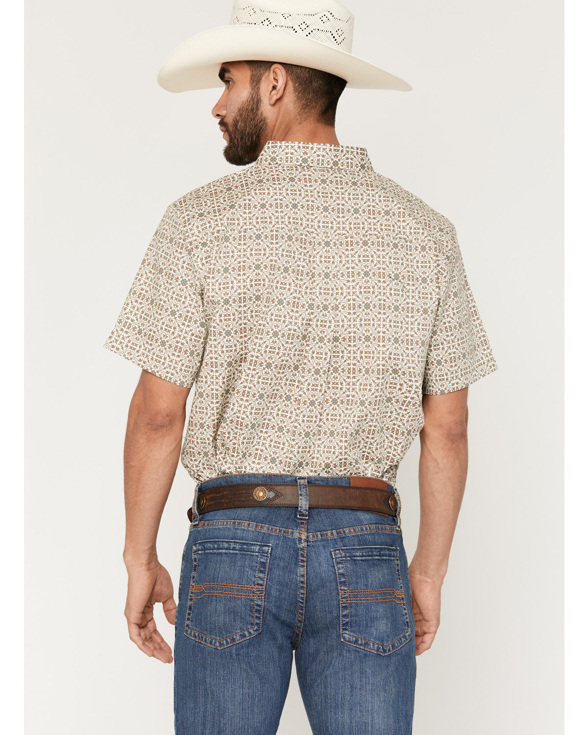 Men's Mind Trap Geo Print Short Sleeve Button-Down Stretch Cream