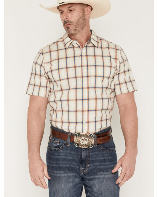 Men's Sunset Hour Plaid Print Short Sleeve Button-Down Stre Cream