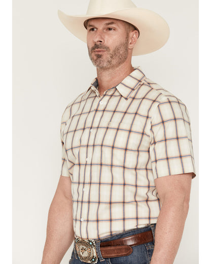 Men's Sunset Hour Plaid Print Short Sleeve Button-Down Stre Cream