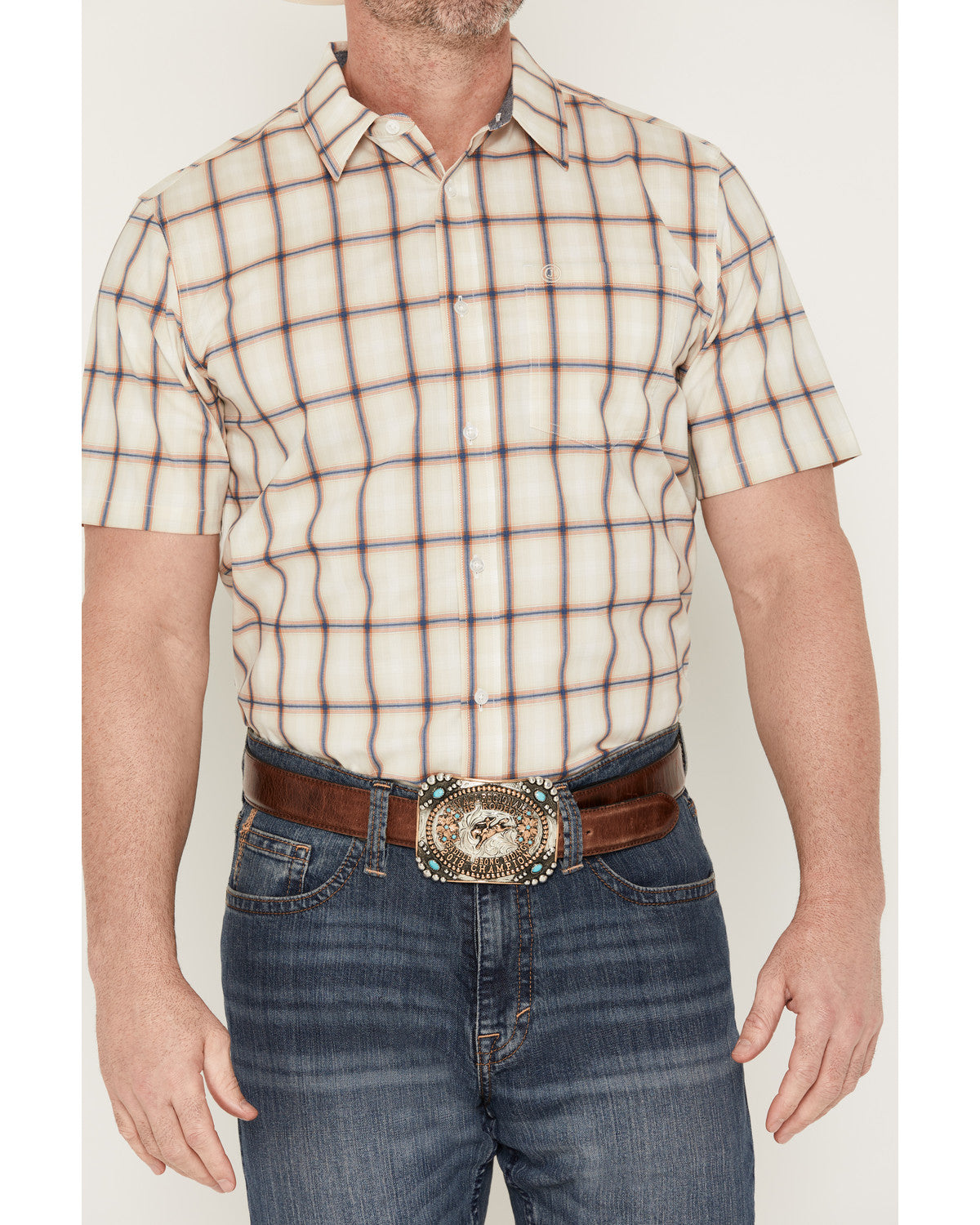 Men's Sunset Hour Plaid Print Short Sleeve Button-Down Stre Cream