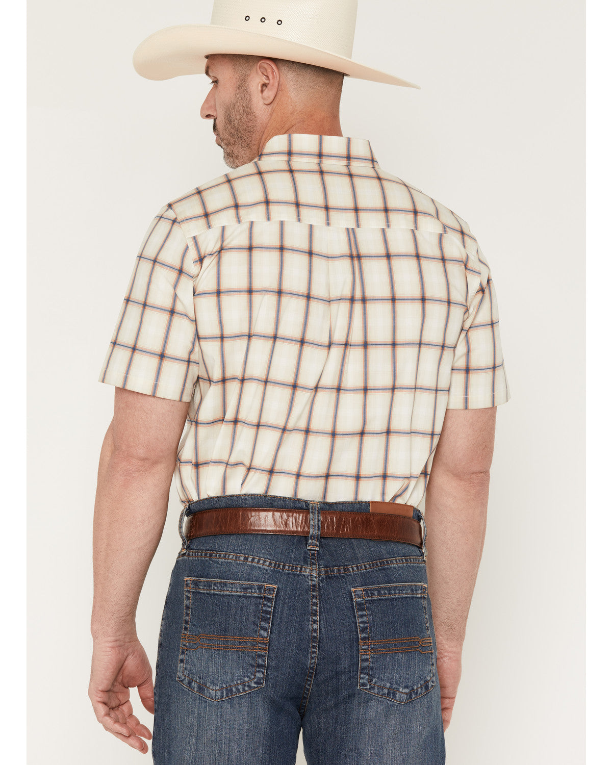 Men's Sunset Hour Plaid Print Short Sleeve Button-Down Stre Cream