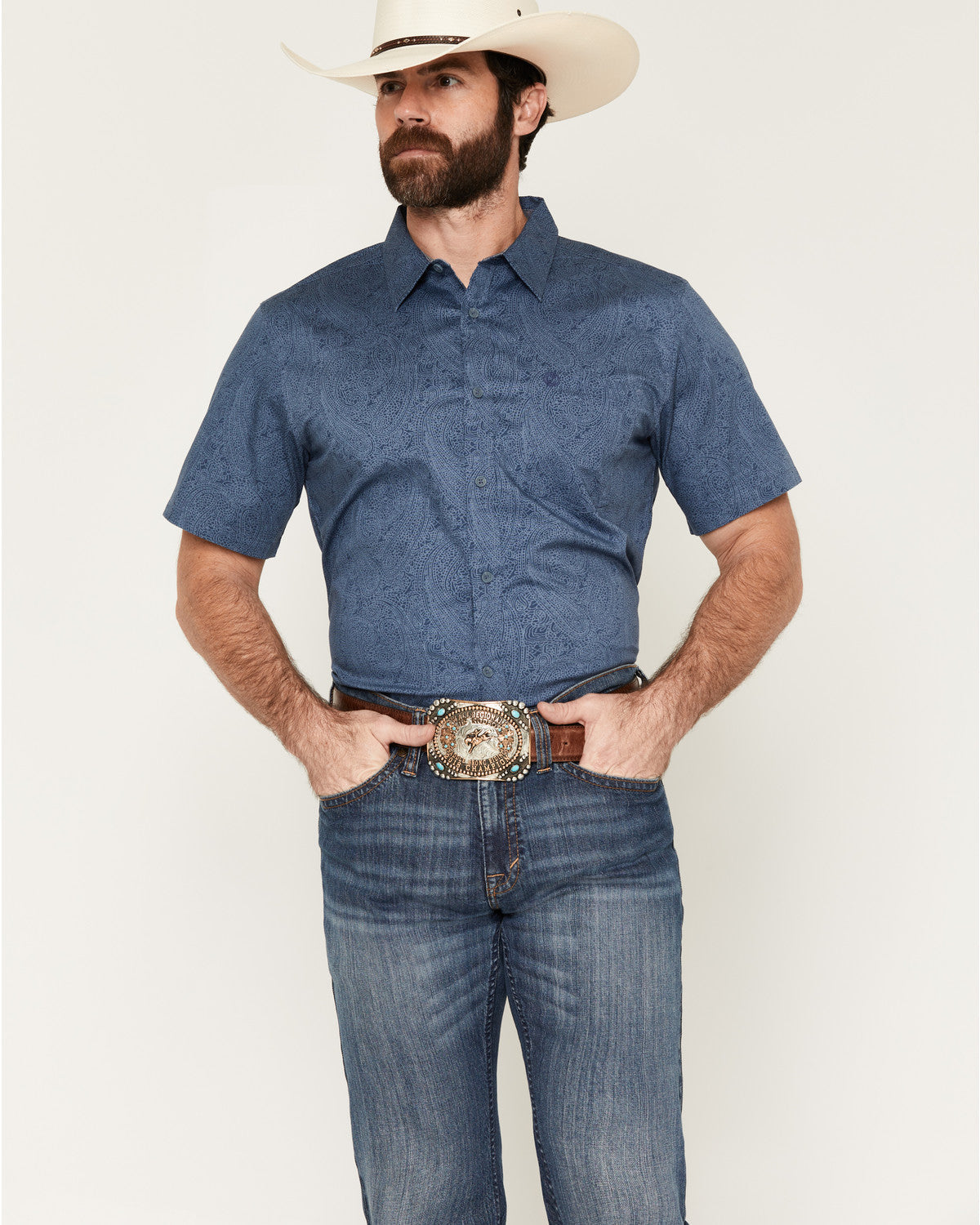 Men's Topaz Tonal Paisley Print Short Sleeve Button-Down St Blue