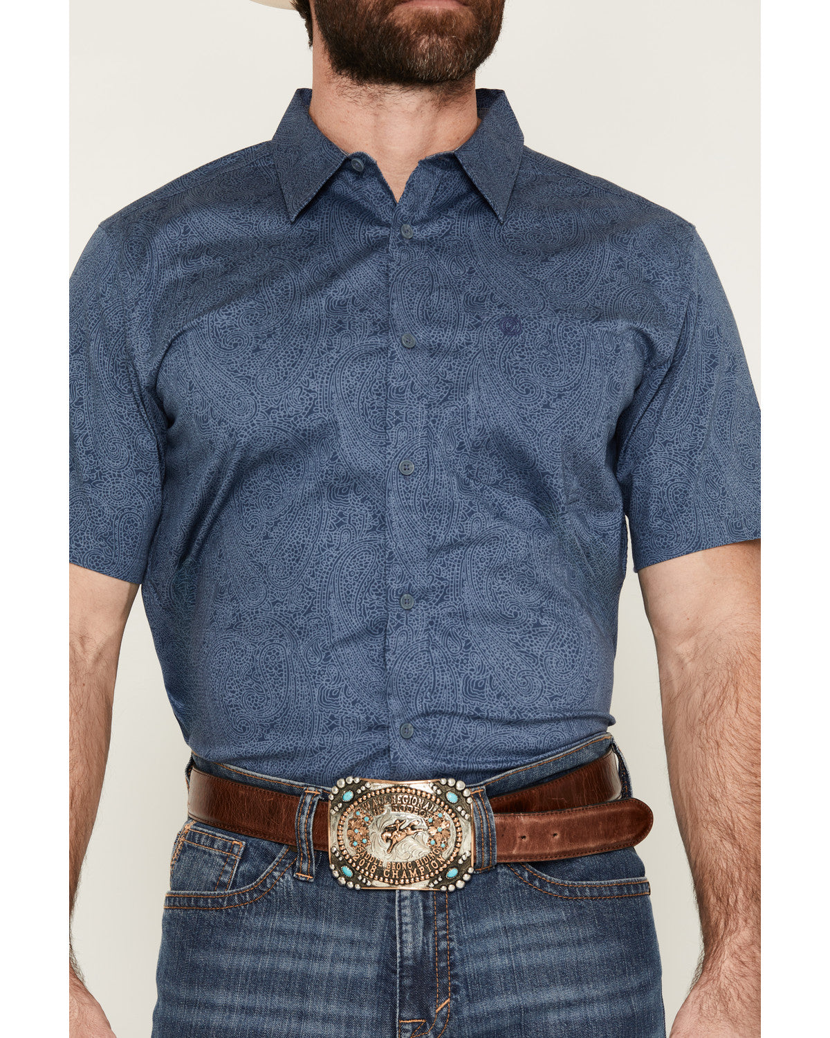 Men's Topaz Tonal Paisley Print Short Sleeve Button-Down St Blue