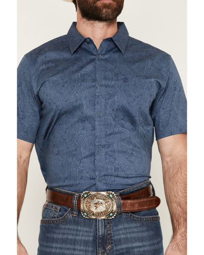 Men's Topaz Tonal Paisley Print Short Sleeve Button-Down St Blue