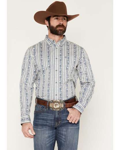 Men's Day Drinker Floral Stripe Print Long Sleeve Button-Do White