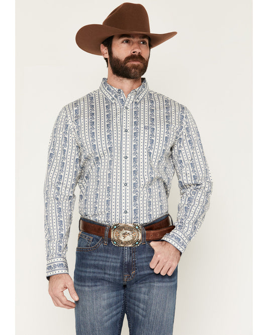 Men's Day Drinker Floral Stripe Print Long Sleeve Button-Do White