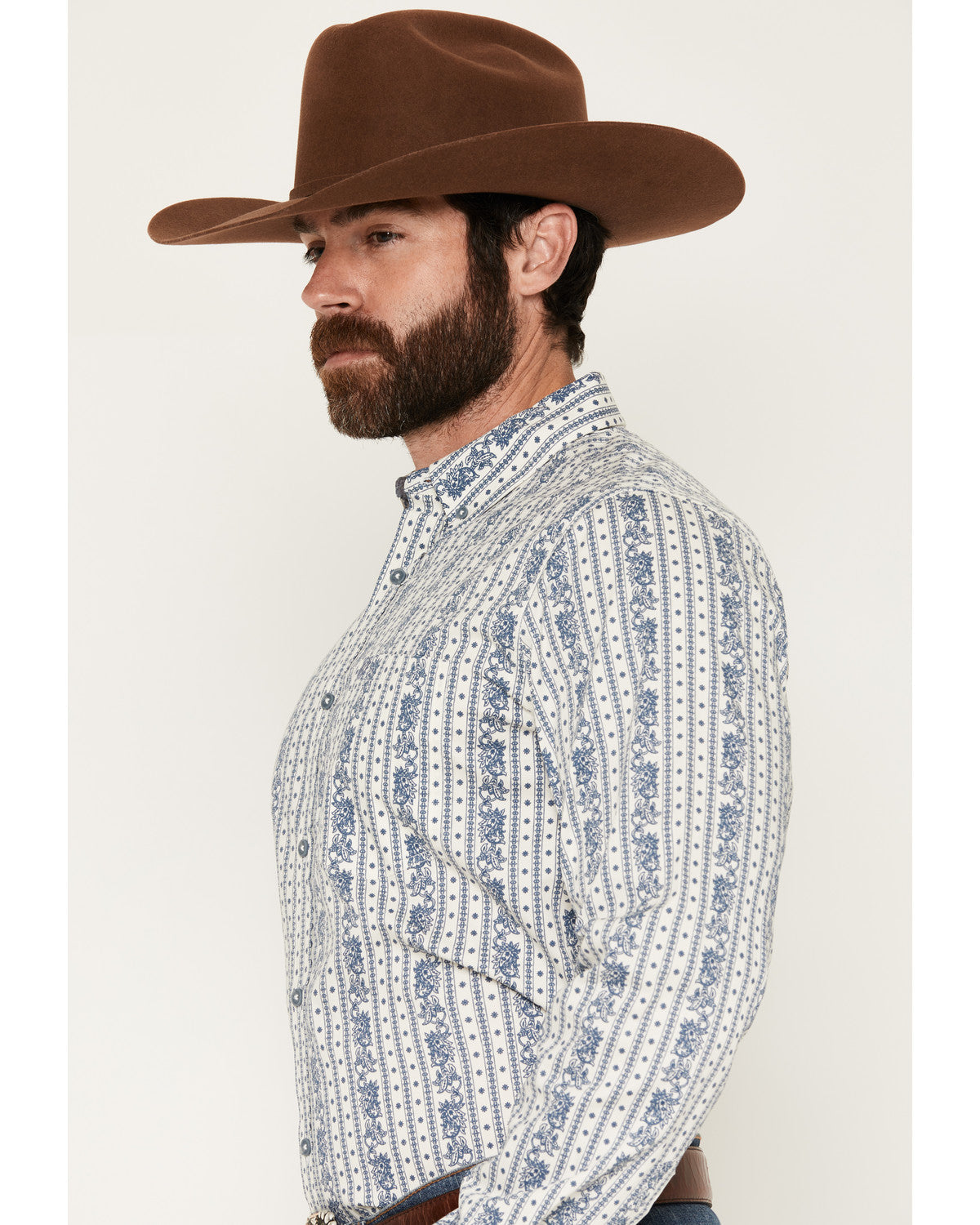 Men's Day Drinker Floral Stripe Print Long Sleeve Button-Do White