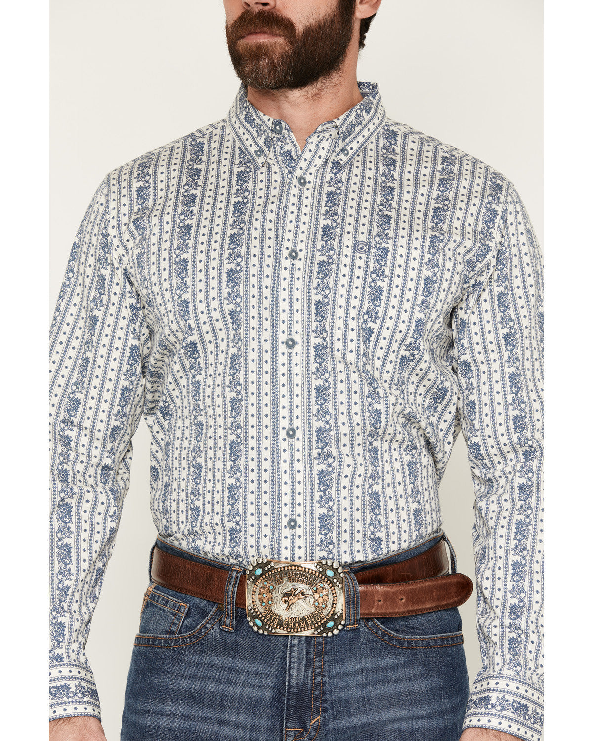 Men's Day Drinker Floral Stripe Print Long Sleeve Button-Do White