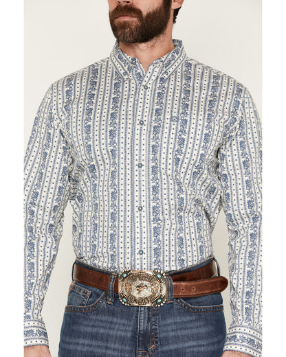 Men's Day Drinker Floral Stripe Print Long Sleeve Button-Do White