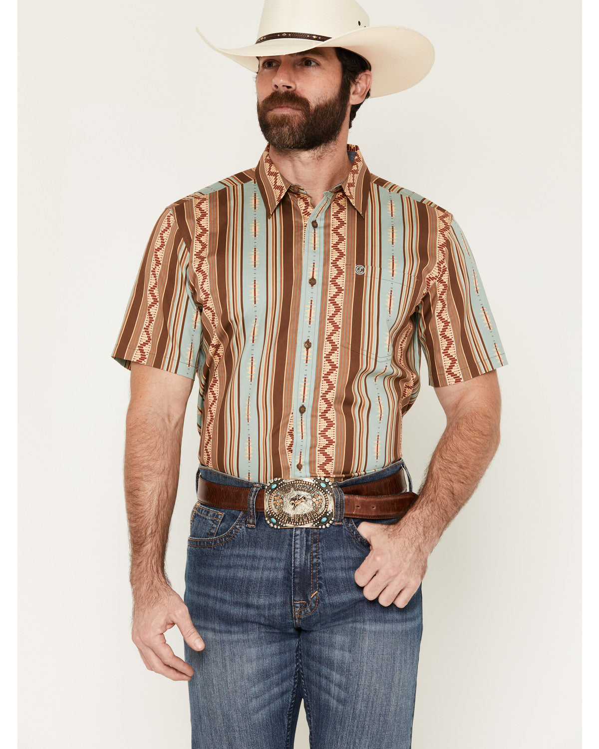 Men's Southwestern Stripe Print Short Sleeve Button-Down St Brown