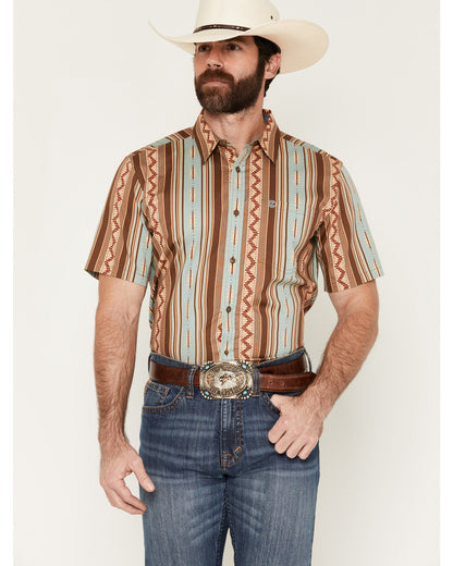Men's Southwestern Stripe Print Short Sleeve Button-Down St Brown
