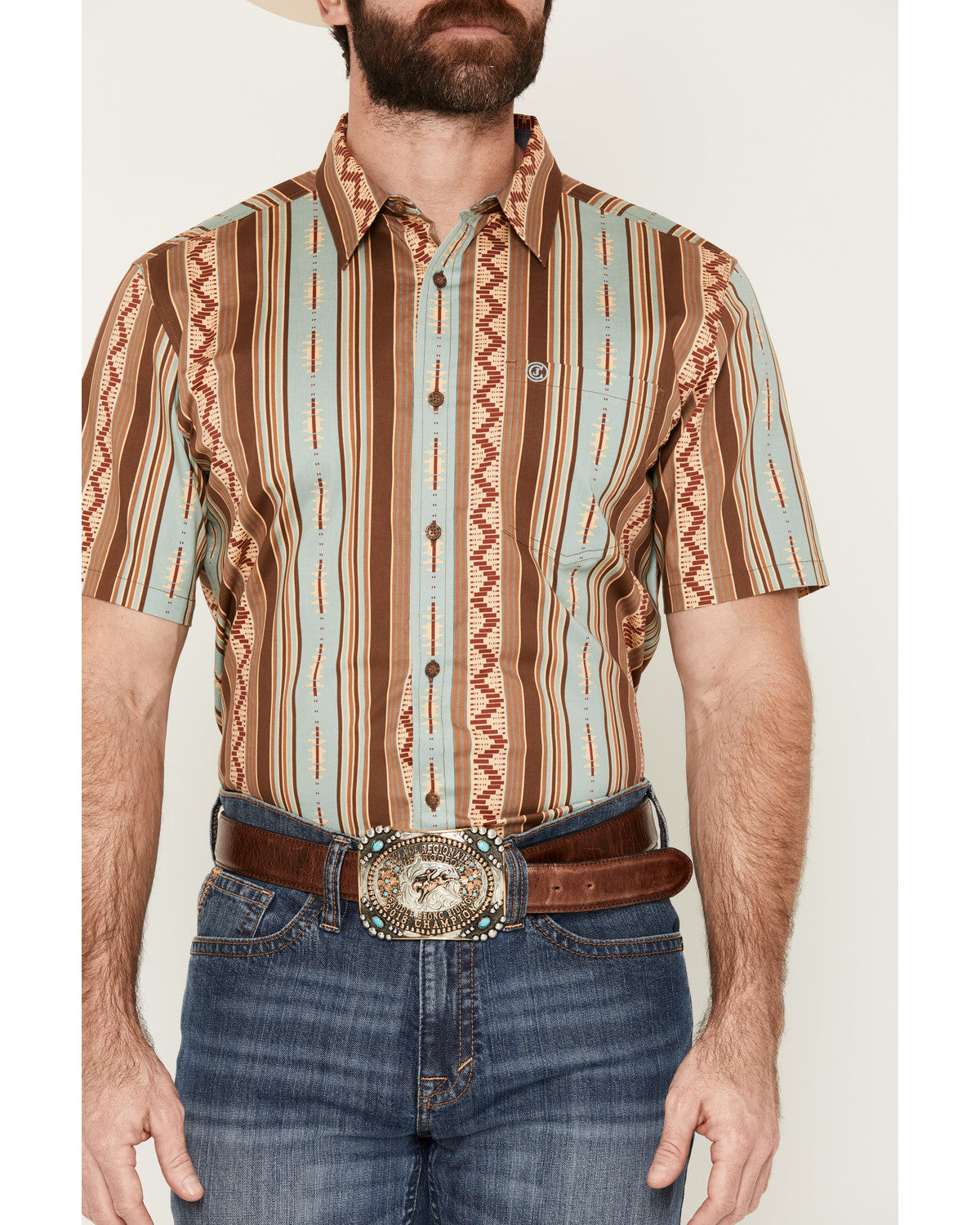Men's Southwestern Stripe Print Short Sleeve Button-Down St Brown