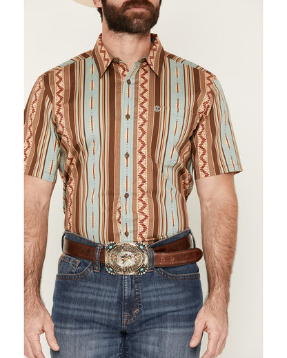 Men's Southwestern Stripe Print Short Sleeve Button-Down St Brown