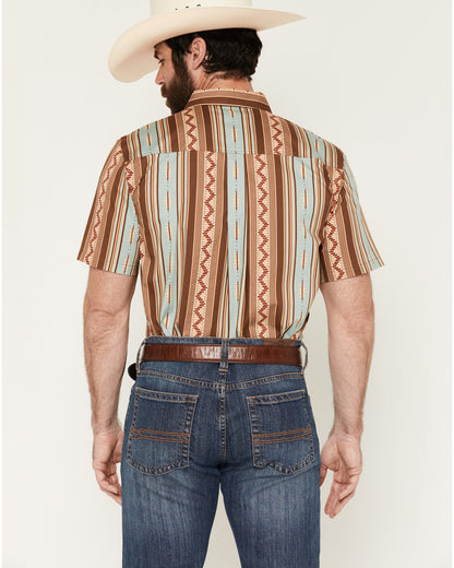 Men's Southwestern Stripe Print Short Sleeve Button-Down St Brown