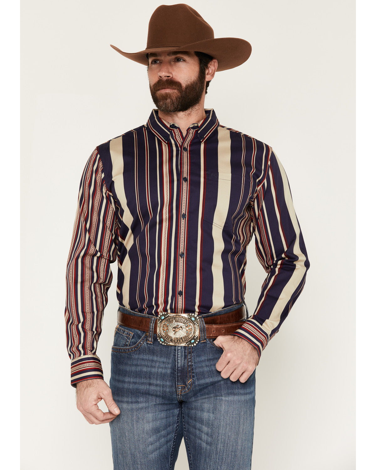 Men's Red Dog Southwestern Stripe Print Long Sleeve Button- Navy