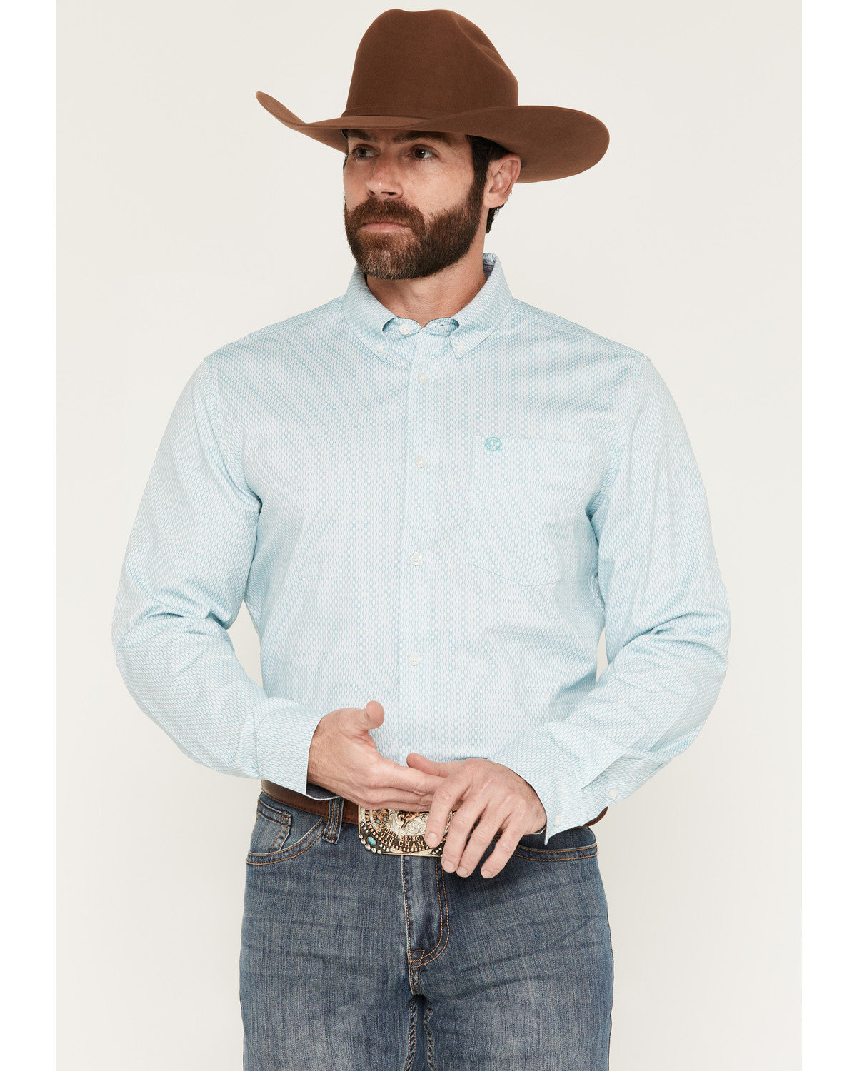 Men's Trophy Geo Print Long Sleeve Button-Down Stretch West Teal