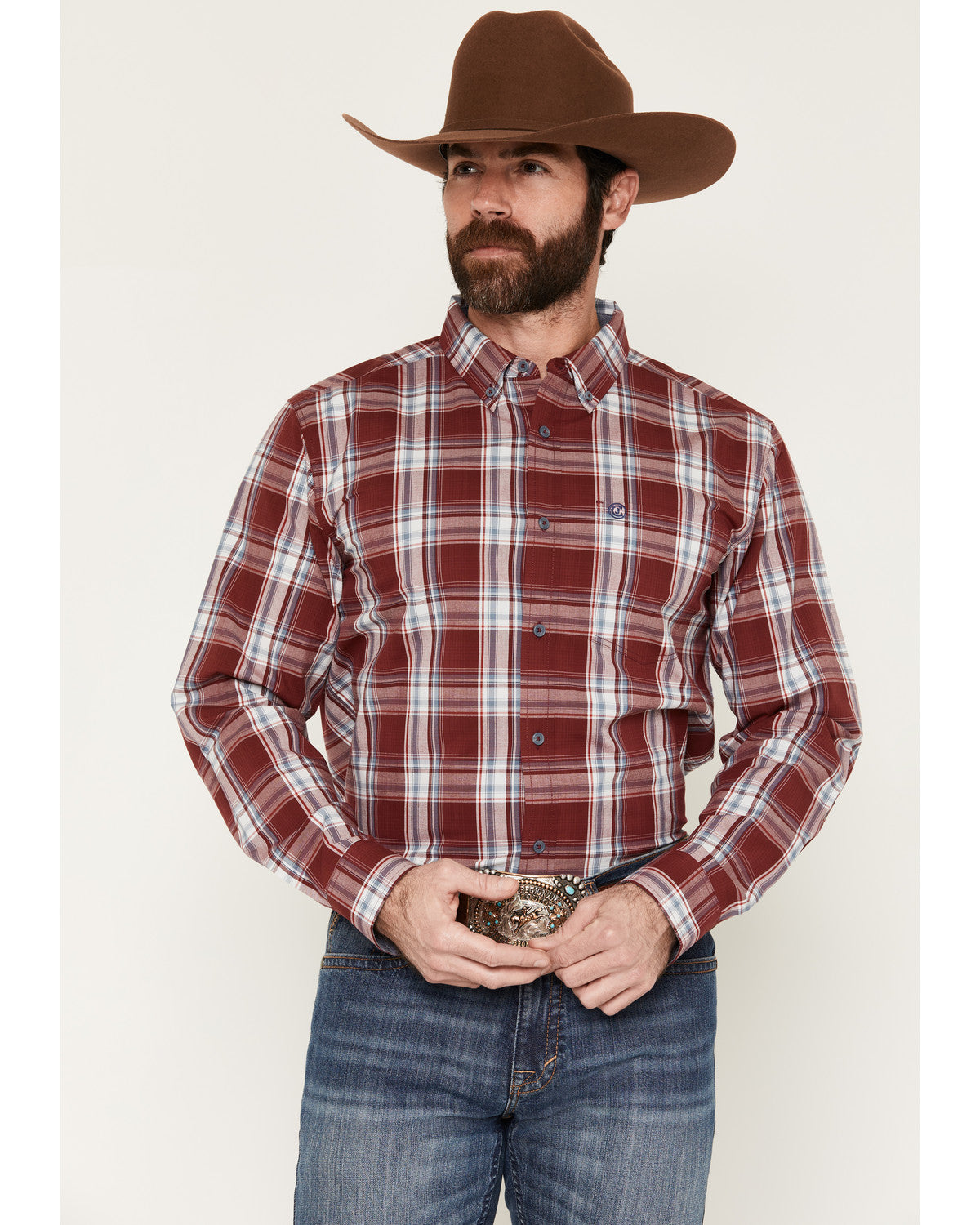 Men's Ruby Red Plaid Print Long Sleeve Button-Down Stretch Burgundy