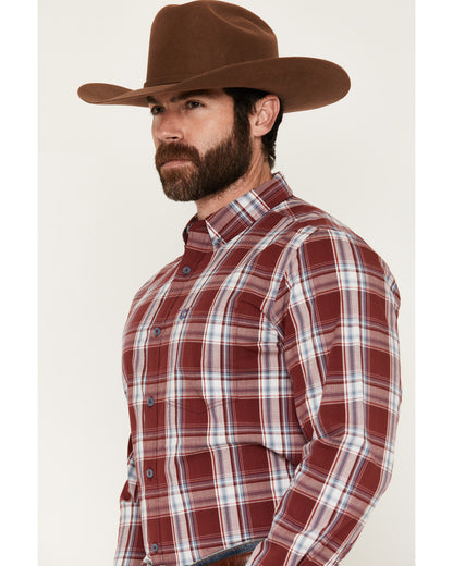 Men's Ruby Red Plaid Print Long Sleeve Button-Down Stretch Burgundy