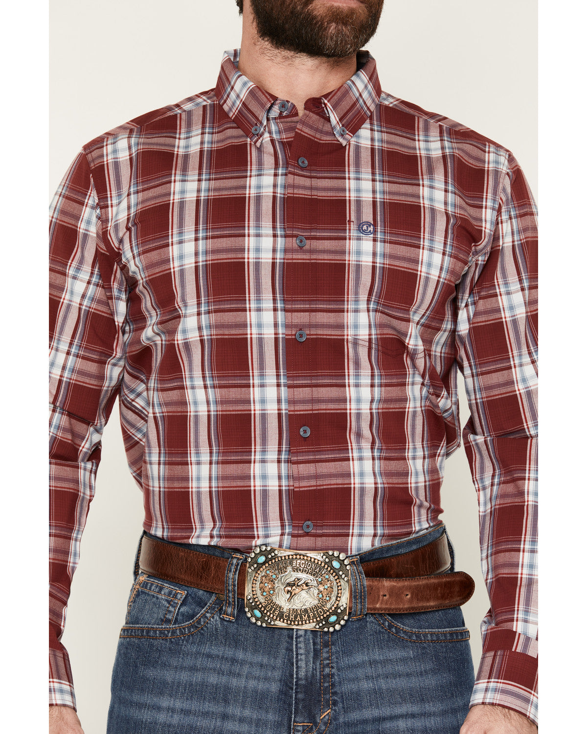 Men's Ruby Red Plaid Print Long Sleeve Button-Down Stretch Burgundy