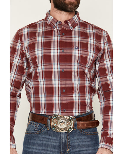 Men's Ruby Red Plaid Print Long Sleeve Button-Down Stretch Burgundy