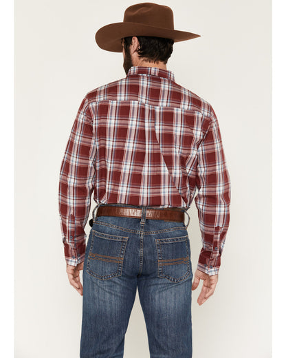 Men's Ruby Red Plaid Print Long Sleeve Button-Down Stretch Burgundy