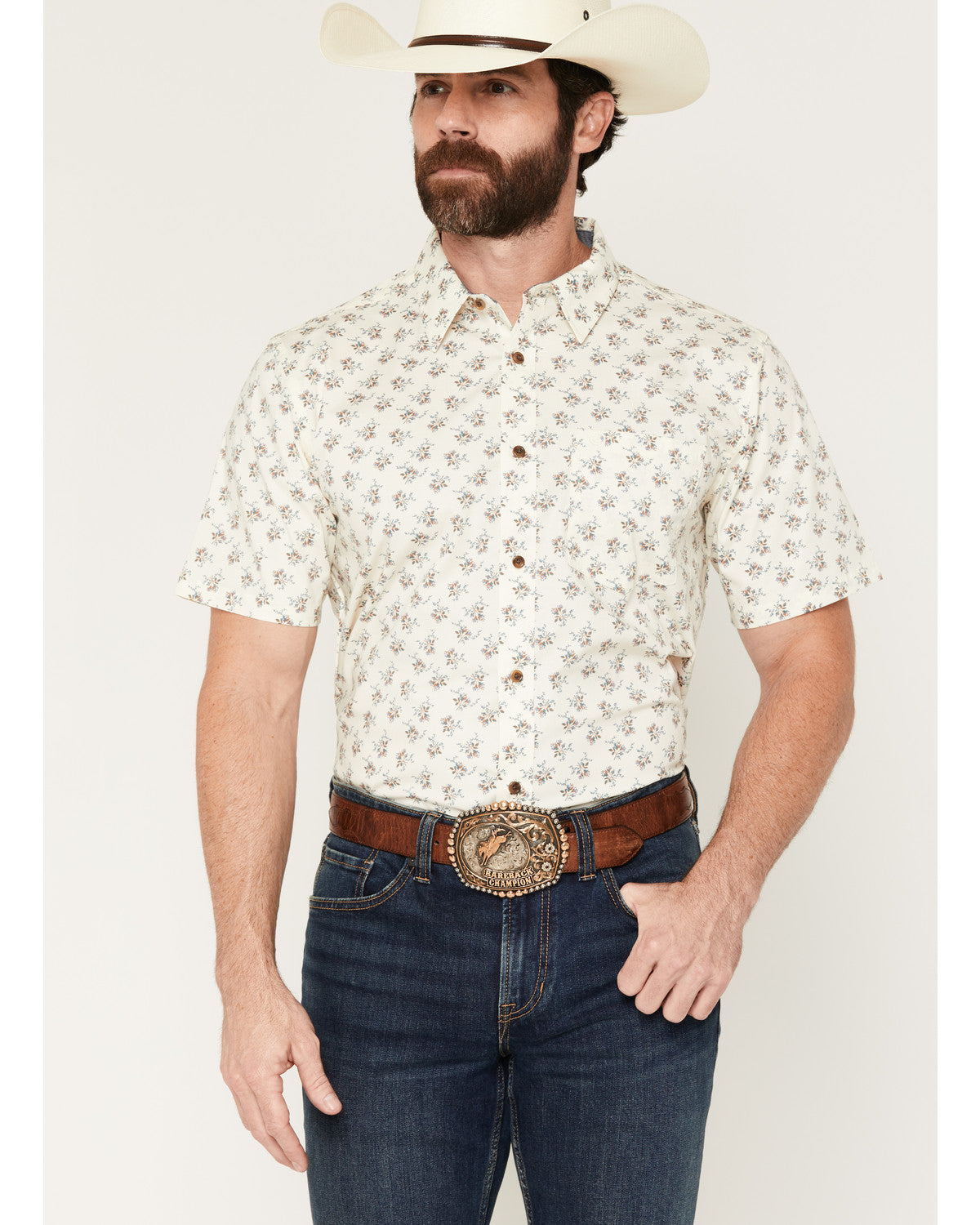Men's Off Chute Floral Print Short Sleeve Button-Down Stret Cream