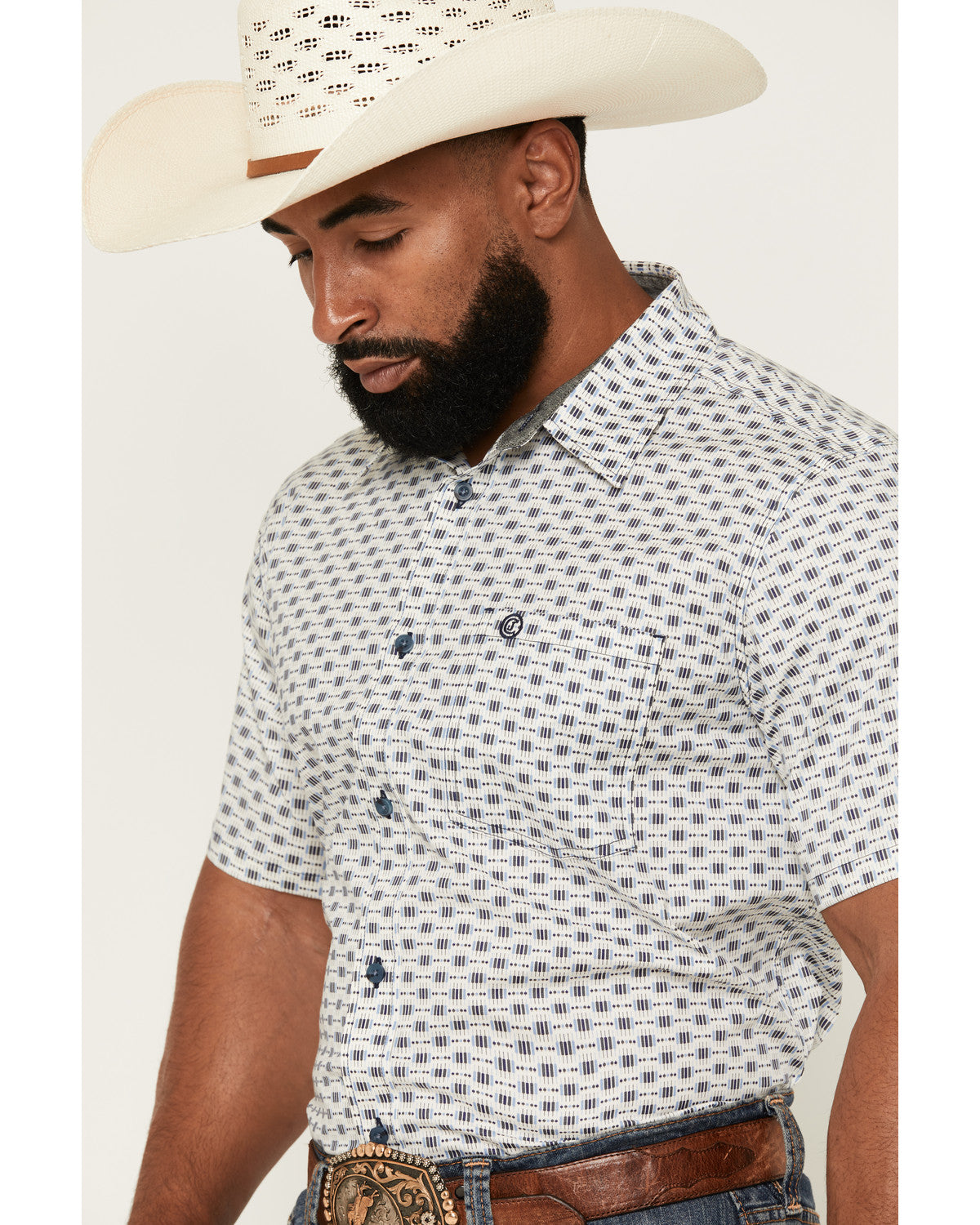 Men's Re Ride Geo Print Short Sleeve Button-Down Stretch We Ivory