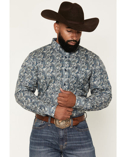 Men's Lost Resort Paisley Print Long Sleeve Button-Down Str Blue