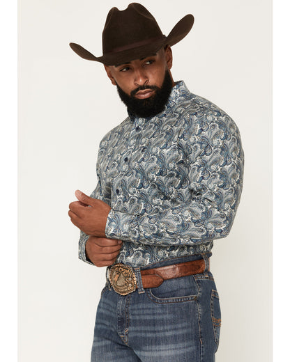 Men's Lost Resort Paisley Print Long Sleeve Button-Down Str Blue