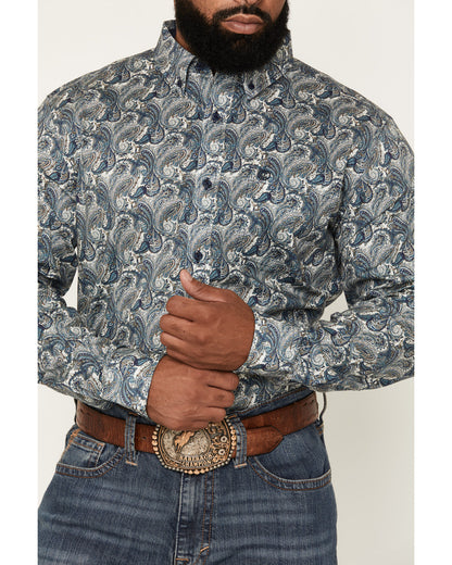 Men's Lost Resort Paisley Print Long Sleeve Button-Down Str Blue