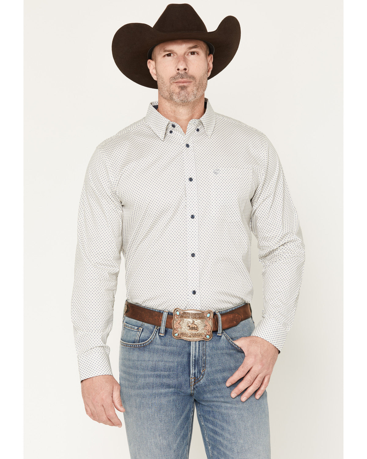 Men's NFR Geo Print Long Sleeve Button-Down Stretch Western White