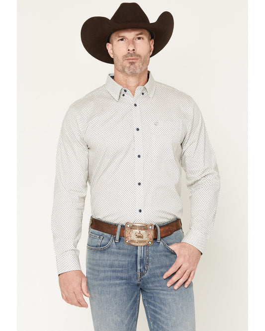 Men's NFR Geo Print Long Sleeve Button-Down Stretch Western White